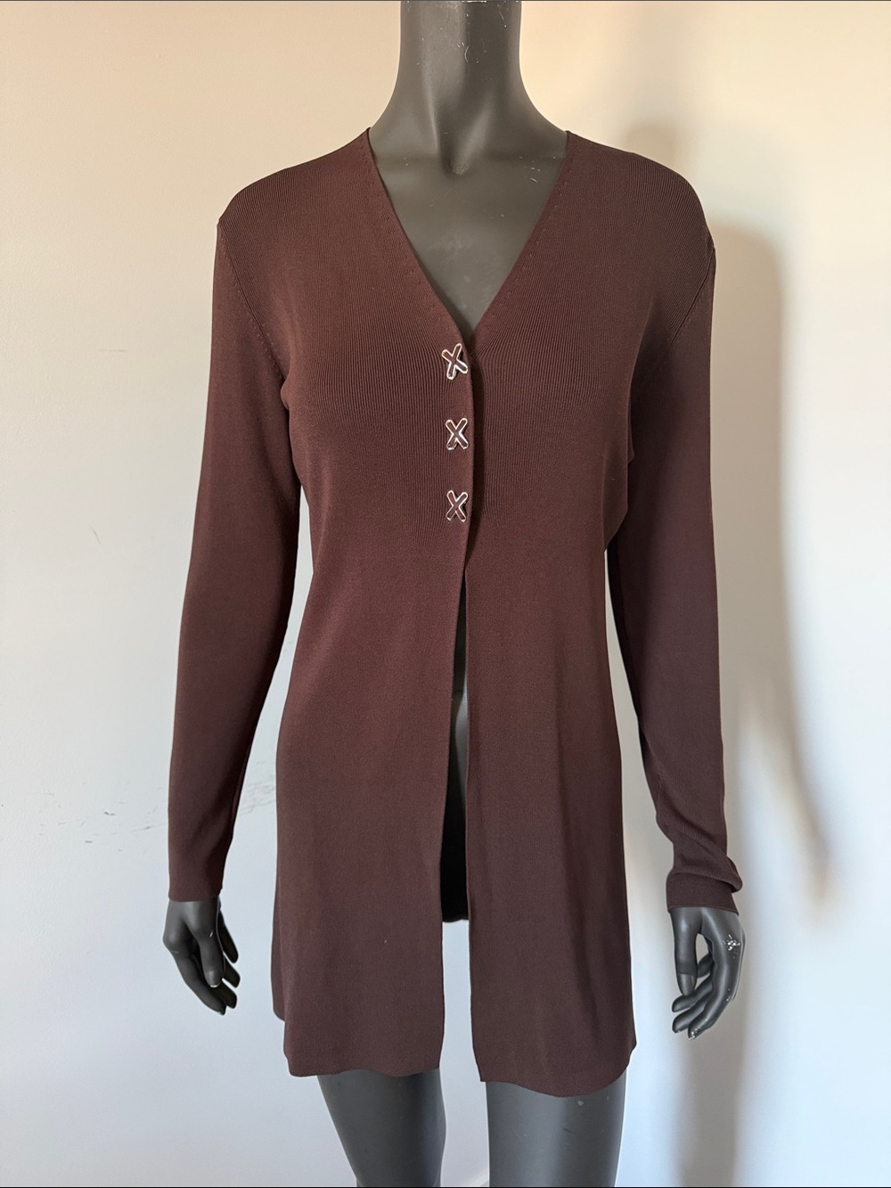 288. CYRUS Ribbed X Long Sleeve V-Neck Brown Cardigan with Button Detail